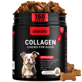 OKKÖBI Collagen for Dogs tub front showing packaging for joint and coat support.