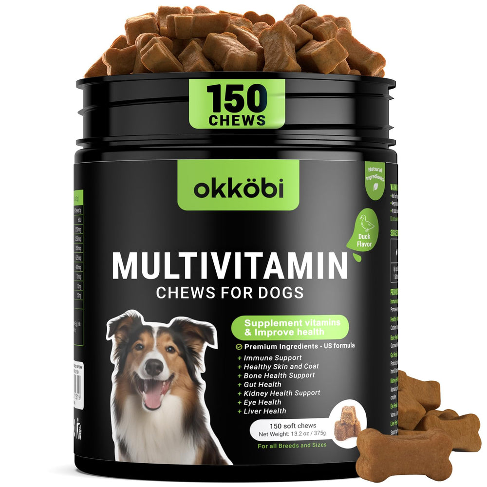 OKKÖBI dog multivitamin chews in duck bottle offer tasty immune and joint support.