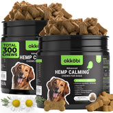 OKKÖBI hemp calming chews duck flavor bottle supports calmer moods during storms and vet visits.