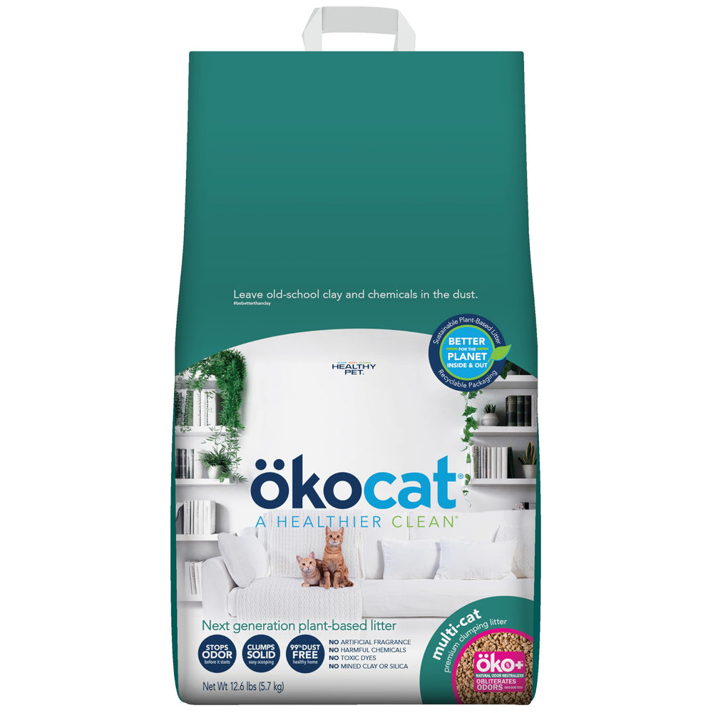 okocat multi-cat litter in bag showing unscented formula for odor control