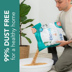 Okocat quick-clumping wood fiber for fast scooping.