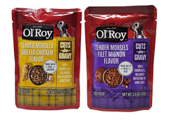 Ol' Roy 3.5-ounce pouch detail, showing portion-controlled serving.