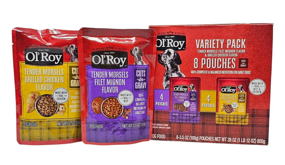 Ol' Roy wet dog food variety pack shown, convenient eight-pouch multipack for easy meals.