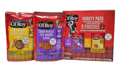 Ol' Roy wet dog food variety pack shown, convenient eight-pouch multipack for easy meals.