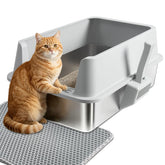 Olacat stainless steel litter box with lid for a tidy, odor-reducing setup.