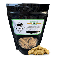 Old Dog Cookie Company tiny diabetic dog treats in packaging for daily senior-dog snacking