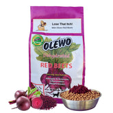 Olewo Red Beets dog-food-topper-bowl showing easy mixing for skin and coat support
