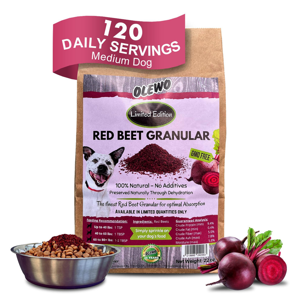 Olewo Red Beets granules poured over dog food for easy meals.