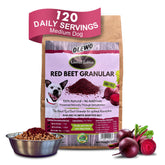 Olewo Red Beets granules poured over dog food for easy meals.