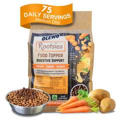 Olewo Rootsies packaging beside a bowl for gentle digestion.