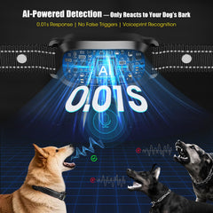 Oliry Smart AI Bark Collar AI chip detection highlights instant bark recognition with noise filtering.