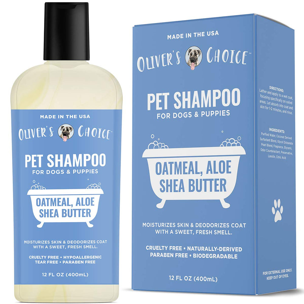 OLIVER'S CHOICE dog shampoo oatmeal bottle shows deodorizing action for a fresh, clean coat.