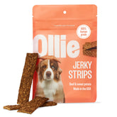 Ollie Beef & Sweet Potato Jerky packaging highlights natural ingredients for dogs' treats.