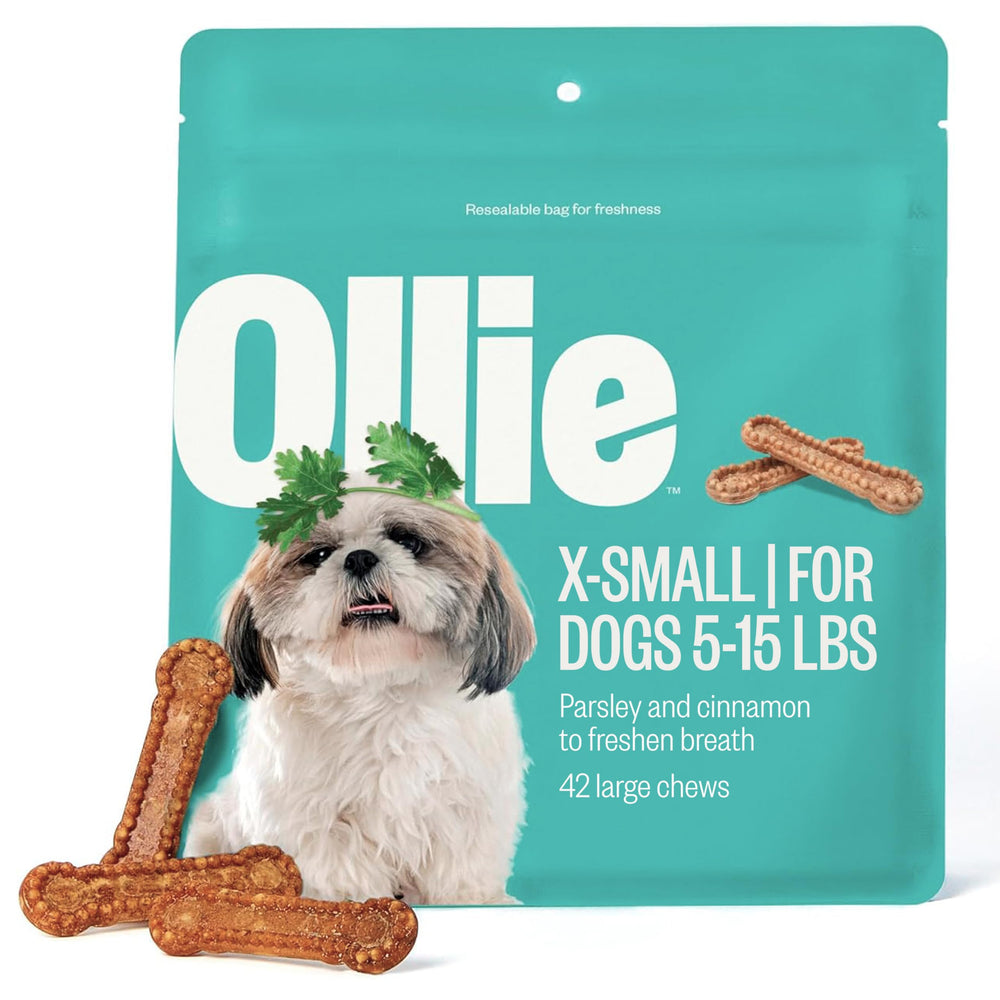 Ollie dental chews for extra small dogs promote breath freshness and ease of chewing.