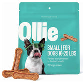 Ollie dental chews for small dogs in 12oz tub, easy dispense for daily brushing-like routine.
