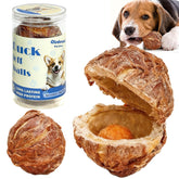 Olsdeeool packaging view of the duck-wrapped rawhide spherica for long-lasting chewing.