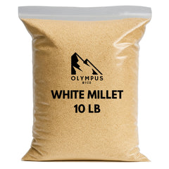 Olympus Myco white proso millet seed bag showing additive-free formula for birds