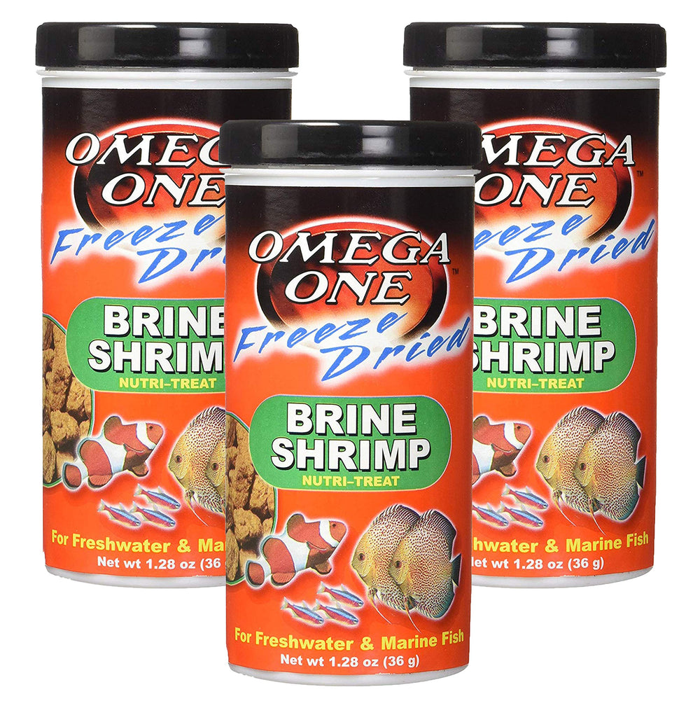 Omega One freeze dried brine shrimp 1.28 oz pack, front view, reliable daily feeding.