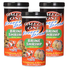 Omega One freeze dried brine shrimp 1.28 oz pack, front view, reliable daily feeding.