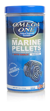 Omega One Garlic Marine Large Sinking Pellets 9oz pack ready for easy feeding.
