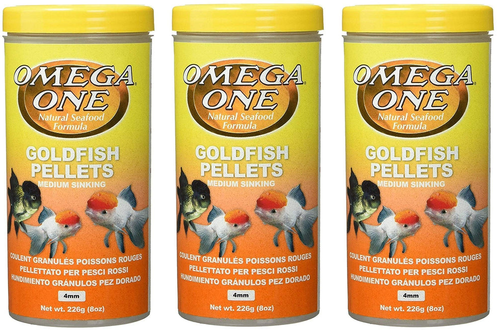 Omega One Goldfish Pellets 3-pack packaging with 8 oz jars for balanced nutrition