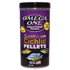 Omega One sinking cichlid pellets bottle showing color-boosting nutrition for vibrant coloration.