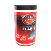 Omega One Super Color Flakes bottle close-up highlighting color-boosting nutrition for fish