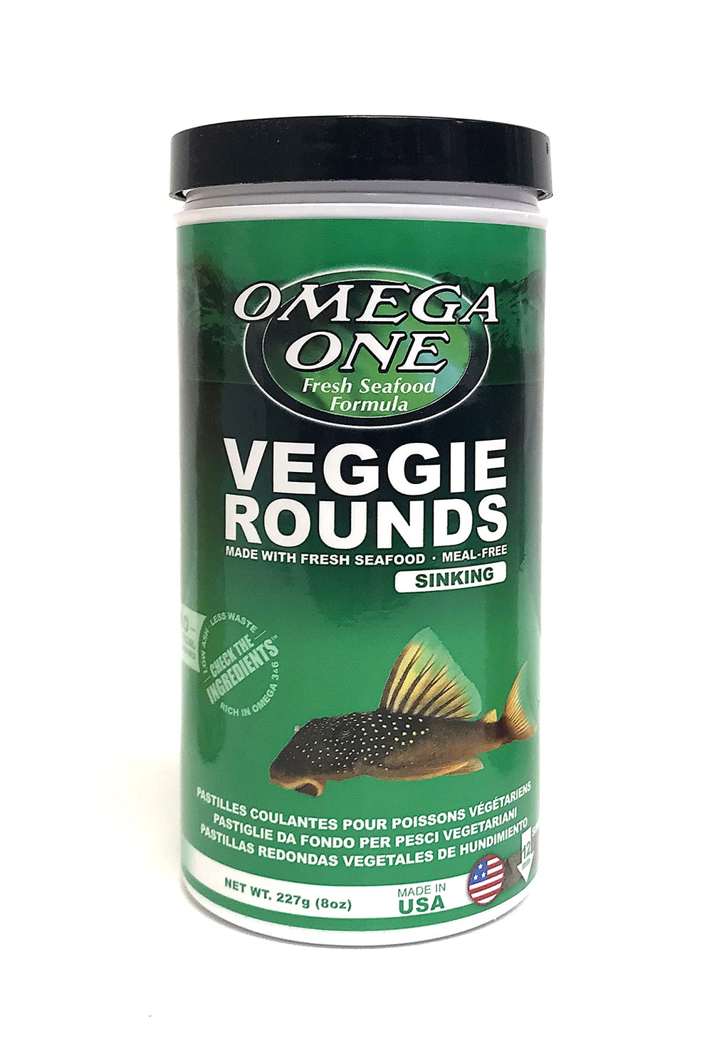 Omega One Veggie Rounds 14mm sinking container supports steady feeding and cleaner tanks.