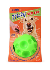 Omega Paw Giggle Tricky Treat Ball side view, treats dispensing as dog rolls.