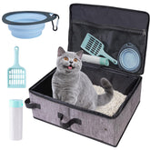 Ondware travel litter box with car lid and scoop for mess-free car trips.