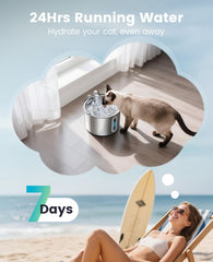 Oneisall 2L stainless steel cat fountain side-view highlights sturdy construction for busy cats.