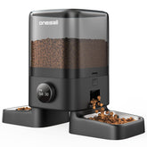 Oneisall automatic cat feeder front view with dual bowls for calm mealtimes