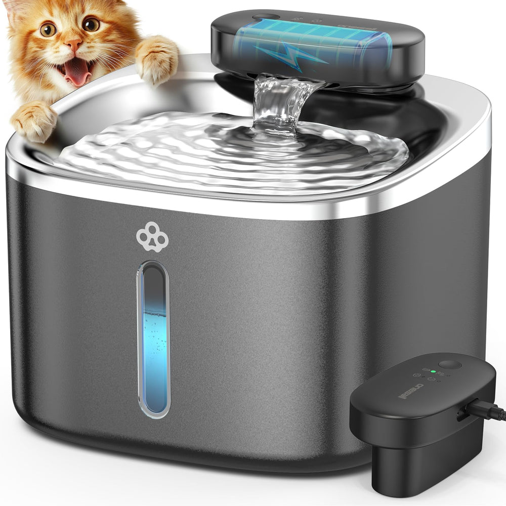 oneisall cat water fountain 3.5L black top view highlights cordless placement and convenience.