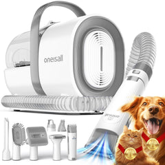 Oneisall dog grooming vacuum kit captures loose hair during grooming for a cleaner home.
