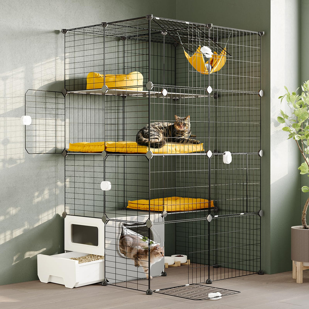 Oneluck cat cage with litter box front view highlights all-in-one convenience for quick cleanups.