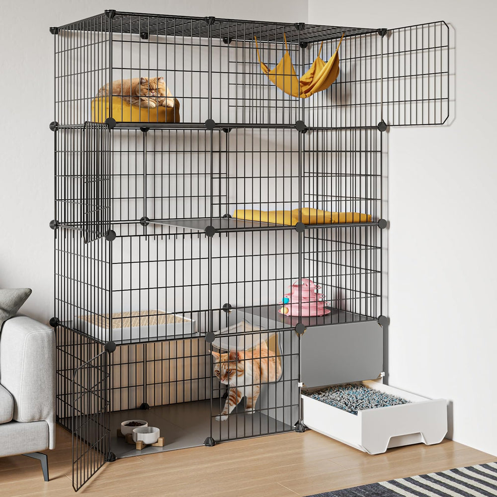 Oneluck large cat cage with litter box and drawer for easy cleaning.