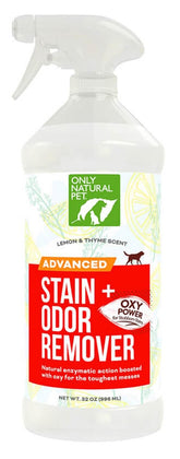 Only Natural Pet Advanced Dog Stain Odor Remover bottle, powerful enzymatic cleaning for tough odors.