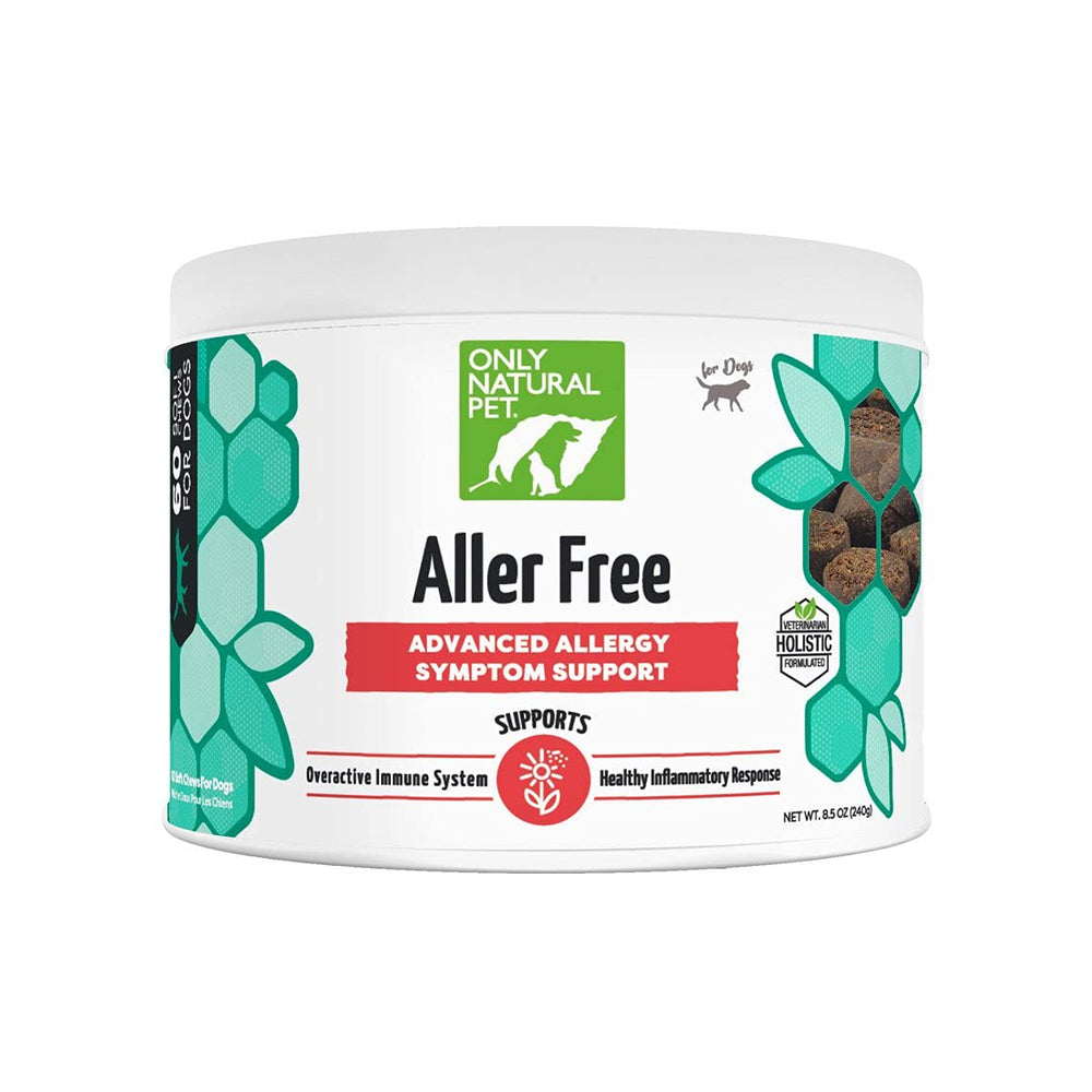 Only Natural Pet AllerFree chews in bottle illustrate immune and respiratory support.