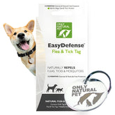 Only Natural Pet EasyDefense Tag closeup on collar shows lightweight daily wear for dogs