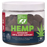 Only Natural Pet Hemp Advanced Mobility bottle demonstrates hip joint support for dogs.