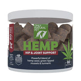 Only Natural Pet hip joint support chews in bottle promote mobility.