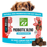 Only Natural Pet probiotic dog and cat soft chews bottle shows bacon flavor for gut support.