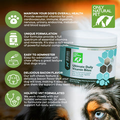 Only Natural Pet Ultimate Daily Vitamins label closeupâingredient blend for immune and digestion support.