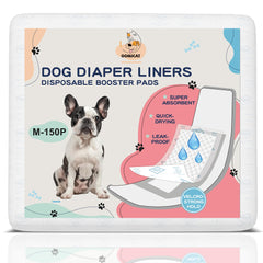 OOMICAT dog diaper liners pack shows 150-count for daily use.