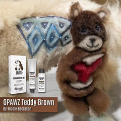 OPAWZ Teddy Brown dog dye application on white coat for vibrant grooming results.