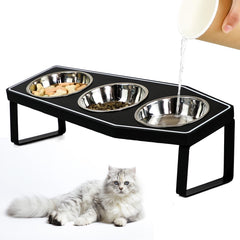 OPELETNNT Gothic cat bowls elevated on wood board for comfortable mealtime.
