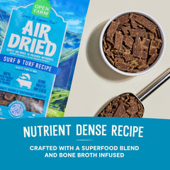Open Farm 90% meat blend with fruits and veggies, nutrient-dense texture.