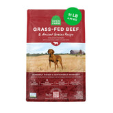 Open Farm ancient grains dry dog food bag close-up highlights protein-rich formula for dogs.