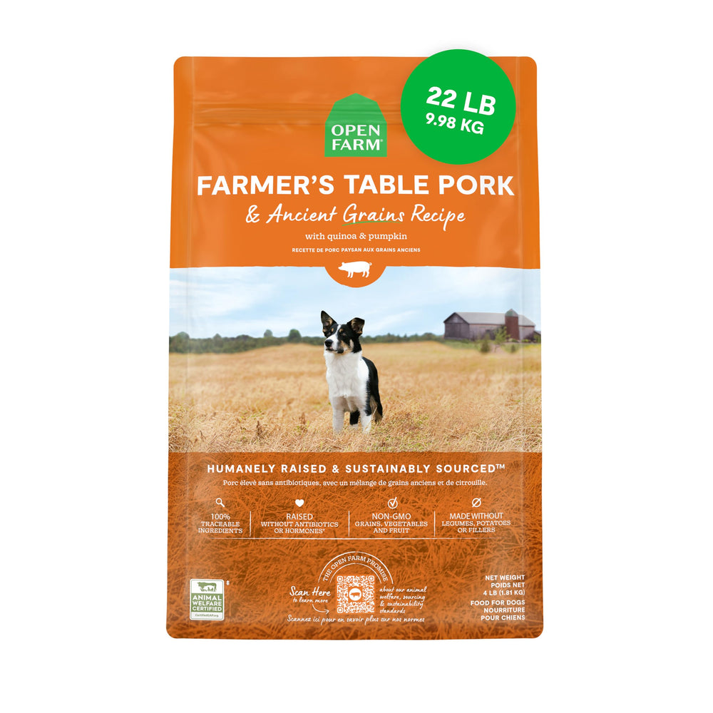Open Farm Ancient Grains Pork Recipe bag showcasing protein-rich kibble for daily energy