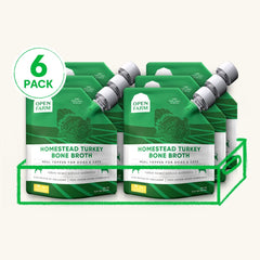 Open Farm bone broth pet dining setup illustrates an easy daily supplement option